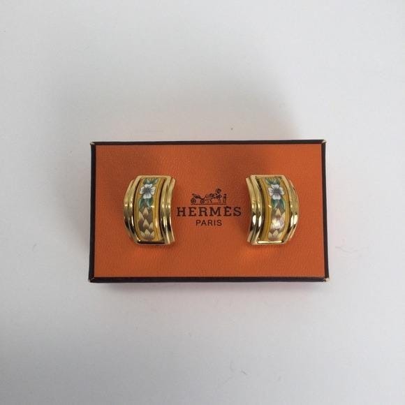Hermes Vintage Cloisonne' Luxury Enamel Floral Clip On Earrings in original box - Picture 2 of 9
